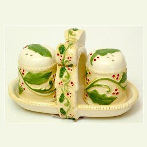 Elegant Holly Salt & Pepper with Rack 3pc Set 5 3/4" wide by 3 1/4" tall 60039